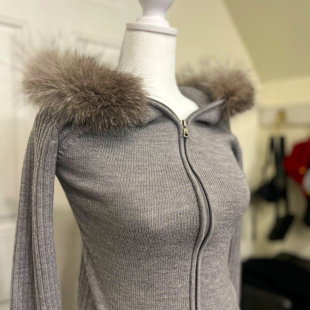 Fox fur collar wool zip long cardigan